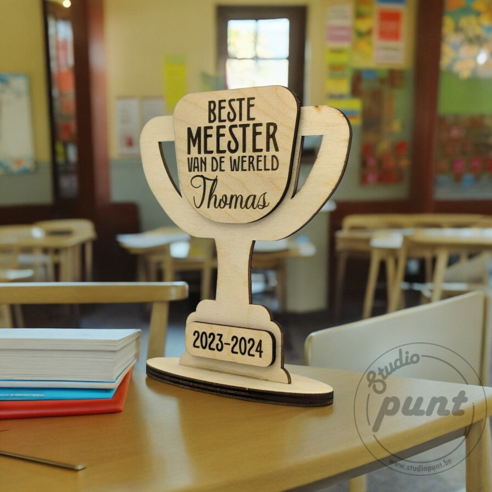Award Beste Juf Beste Meester klein formaat 15cm, houten trofee voor eindejaarscadeau school