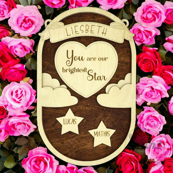 Sterrenpaneel Brightest Star met namen gezin - gepersonaliseerde houten muurdecoratie - Studio Punt